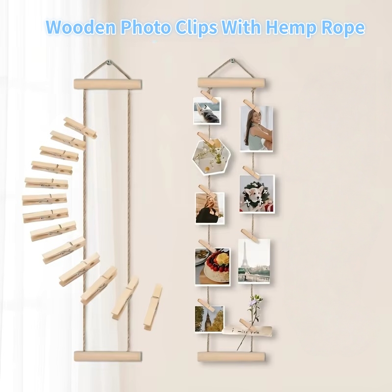 String Tension Clip - Natural Wood Photo Hanging Rope with
